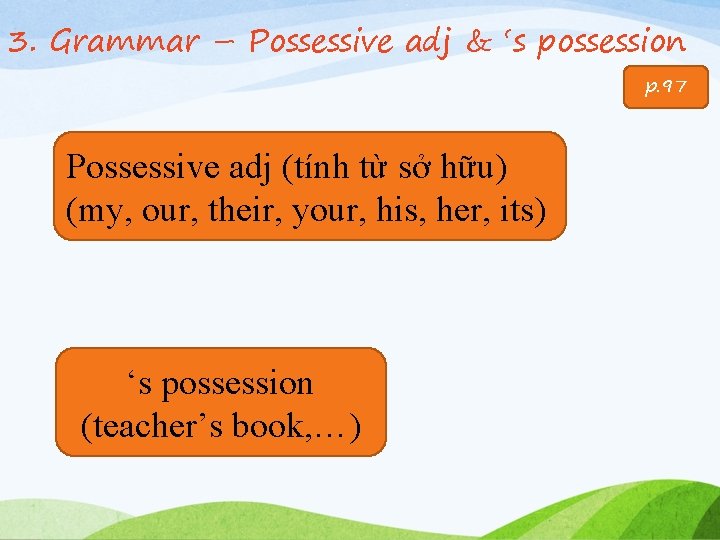 3. Grammar – Possessive adj & ‘s possession p. 97 Possessive adj (tính từ