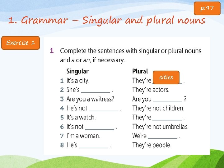 p. 97 1. Grammar – Singular and plural nouns Exercise 1 cities 