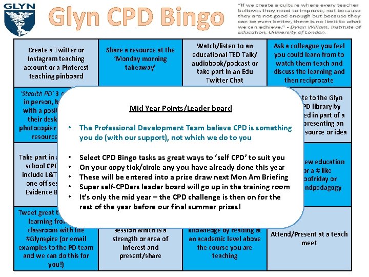 Glyn CPD Bingo Create a Twitter or Instagram teaching account or a Pinterest teaching