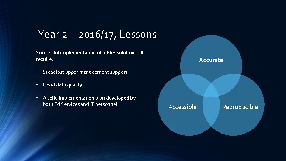 Year 2 – 2016/17, Lessons Successful implementation of a BI/A solution will require: Accurate