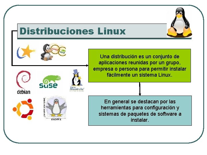 Distribuciones Linux Una distribución es un conjunto de aplicaciones reunidas por un grupo, empresa
