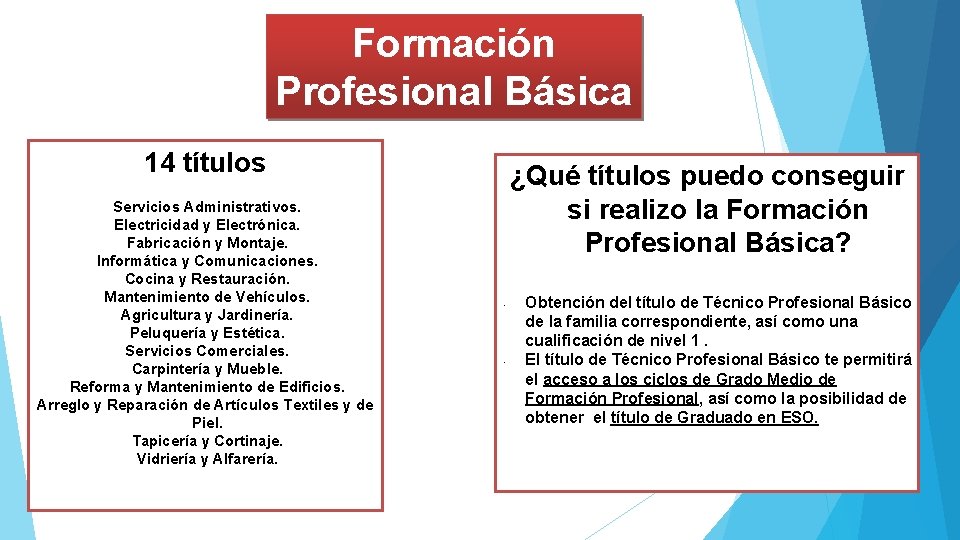 Formación Profesional Básica 14 títulos Servicios Administrativos. Electricidad y Electrónica. Fabricación y Montaje. Informática