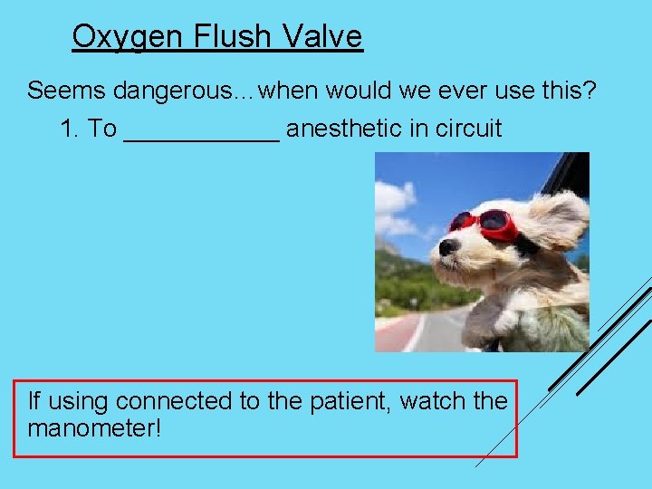 Oxygen Flush Valve Seems dangerous…when would we ever use this? 1. To ______ anesthetic