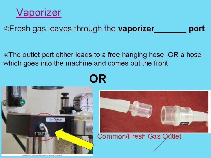 Vaporizer Fresh gas leaves through the vaporizer_______ port The outlet port either leads to