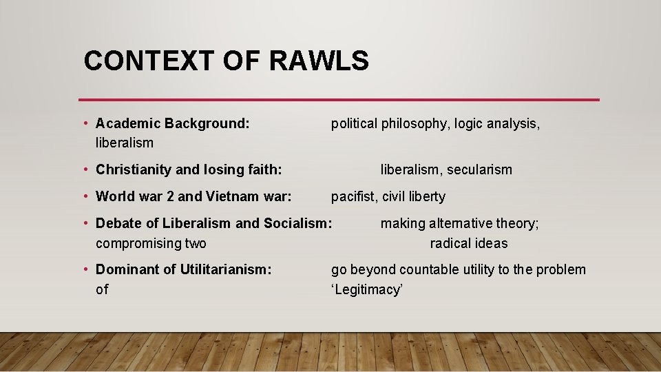 CONTEXT OF RAWLS • Academic Background: liberalism political philosophy, logic analysis, • Christianity and