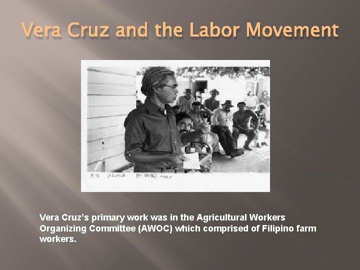 Vera Cruz and the Labor Movement Vera Cruz’s primary work was in the Agricultural