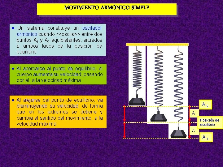 MOVIMIENTO ARMÓNICO SIMPLE Un sistema constituye un oscilador armónico cuando <<oscila>> entre dos puntos