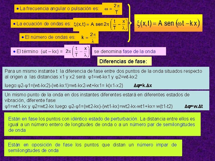  La frecuencia angular o pulsación es: La ecuación de ondas es: El número