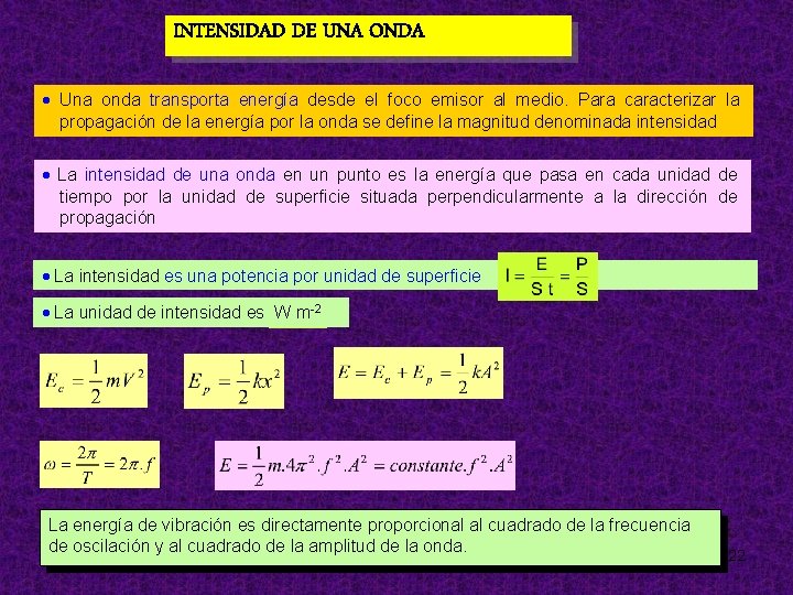 INTENSIDAD DE UNA ONDA Una onda transporta energía desde el foco emisor al medio.