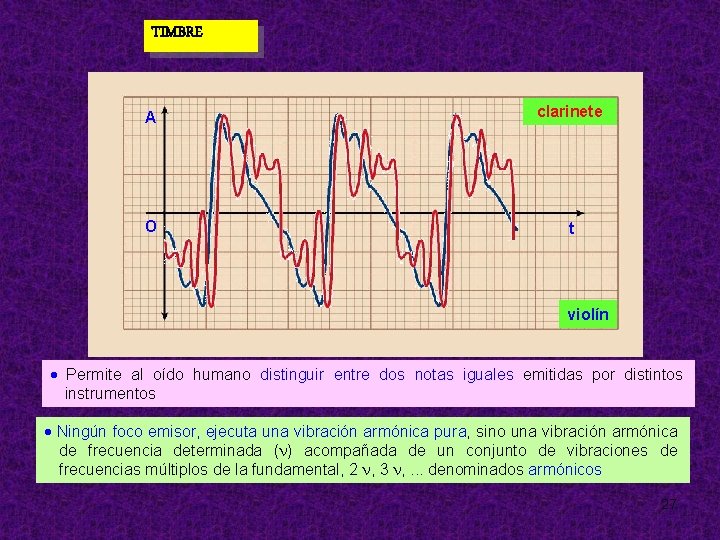 TIMBRE A clarinete O t violín Permite al oído humano distinguir entre dos notas