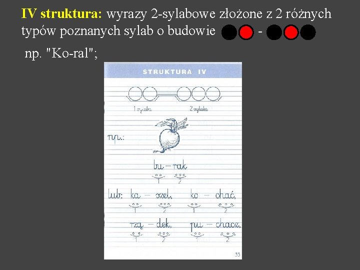 IV struktura: wyrazy 2 -sylabowe złożone z 2 różnych typów poznanych sylab o budowie