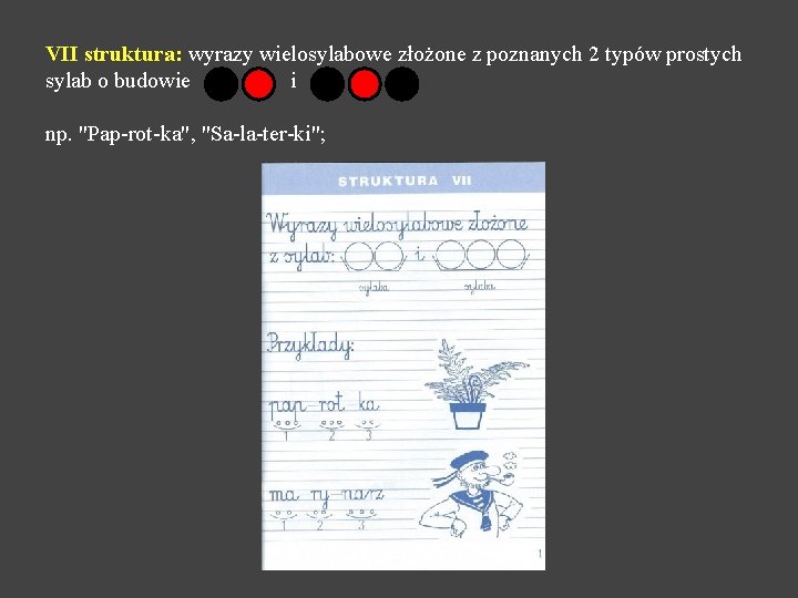 VII struktura: wyrazy wielosylabowe złożone z poznanych 2 typów prostych sylab o budowie i