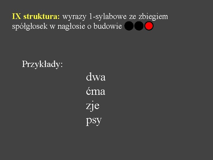 IX struktura: wyrazy 1 -sylabowe ze zbiegiem spółgłosek w nagłosie o budowie Przykłady: dwa