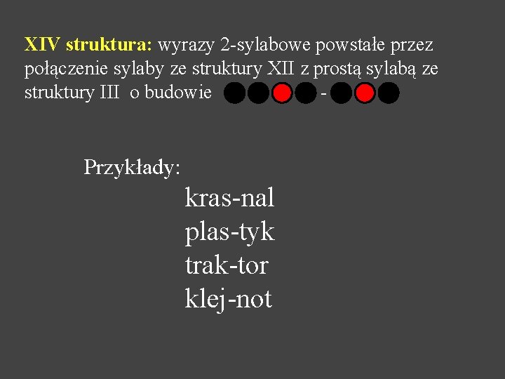 XIV struktura: wyrazy 2 -sylabowe powstałe przez połączenie sylaby ze struktury XII z prostą