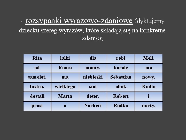 - rozsypanki wyrazowo-zdaniowe (dyktujemy dziecku szereg wyrazów, które składają się na konkretne zdanie); Rita