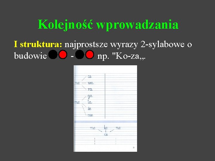 Kolejność wprowadzania I struktura: najprostsze wyrazy 2 -sylabowe o budowie np. "Ko-za„. 