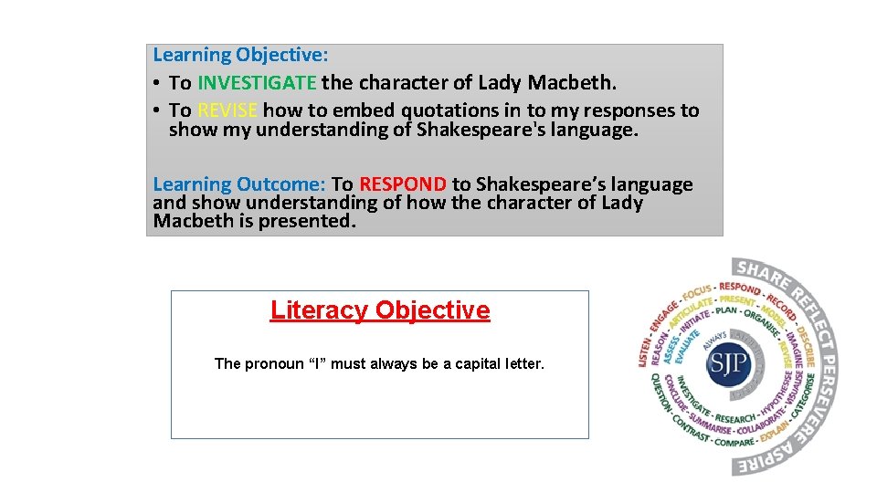 Learning Objective: • To INVESTIGATE the character of Lady Macbeth. • To REVISE how