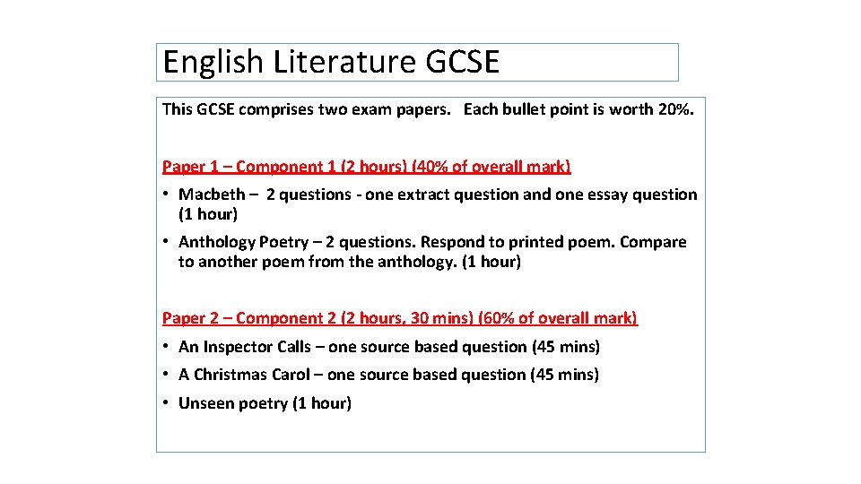 English Literature GCSE This GCSE comprises two exam papers. Each bullet point is worth