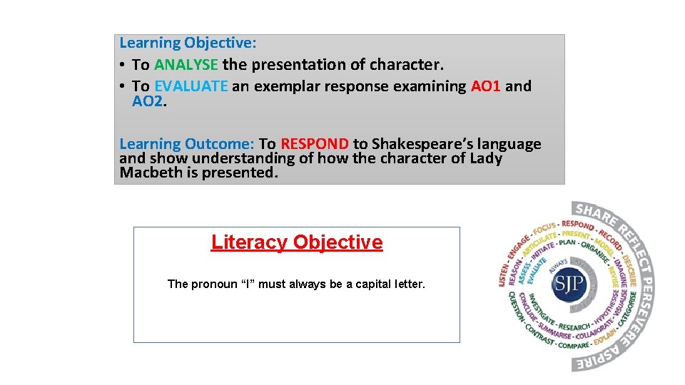 Learning Objective: • To ANALYSE the presentation of character. • To EVALUATE an exemplar