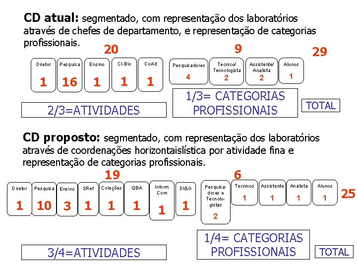 CD atual: segmentado, com representação dos laboratórios através de chefes de departamento, e representação