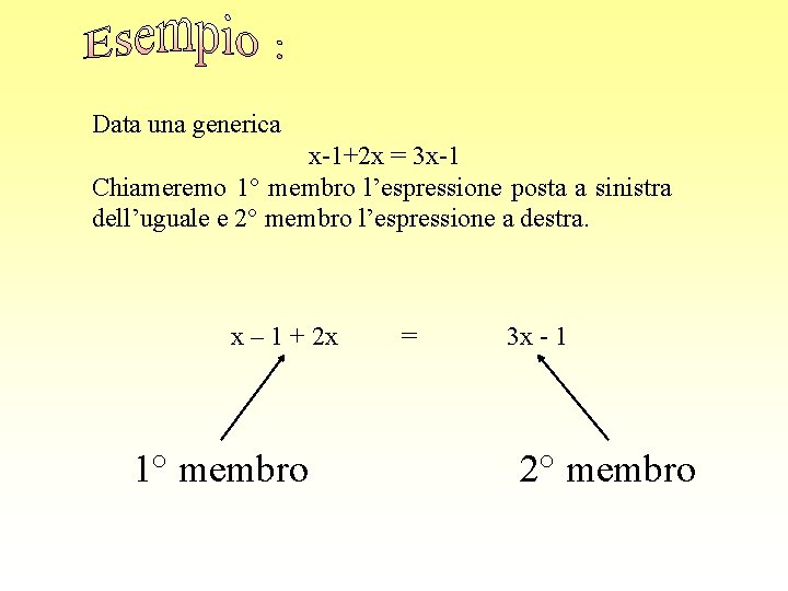 Data una generica x-1+2 x = 3 x-1 Chiameremo 1° membro l’espressione posta a