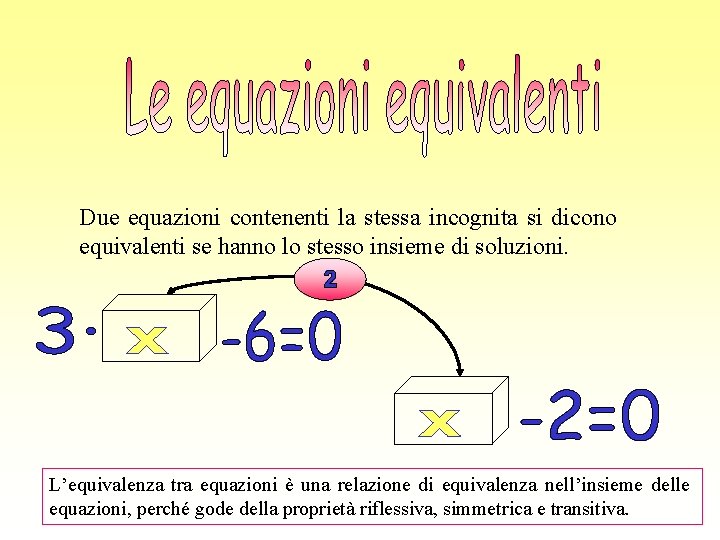 Due equazioni contenenti la stessa incognita si dicono equivalenti se hanno lo stesso insieme