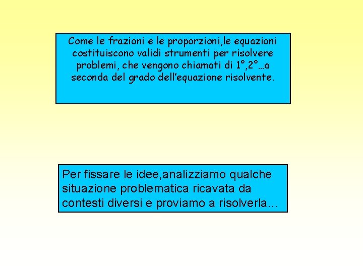 Come le frazioni e le proporzioni, le equazioni costituiscono validi strumenti per risolvere problemi,