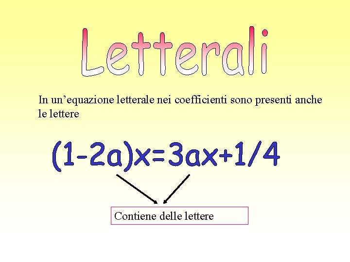 In un’equazione letterale nei coefficienti sono presenti anche le lettere Contiene delle lettere 