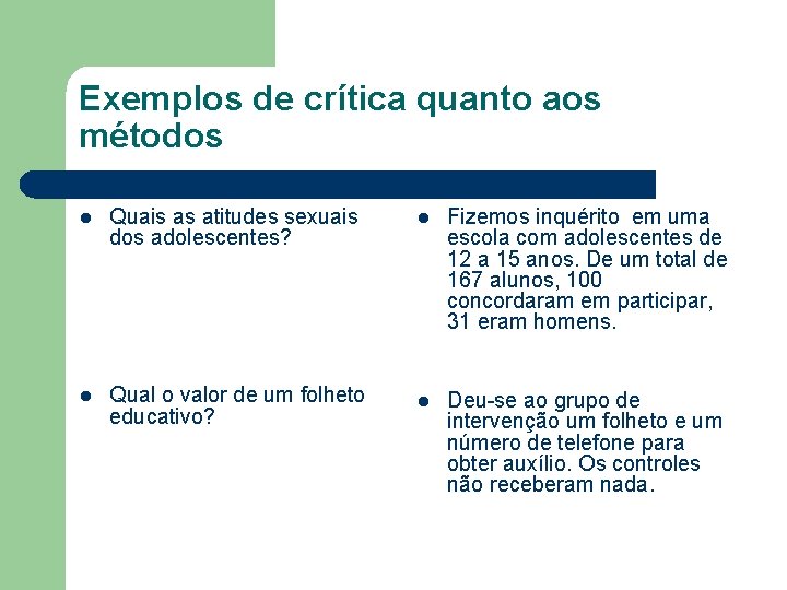 Exemplos de crítica quanto aos métodos l Quais as atitudes sexuais dos adolescentes? l