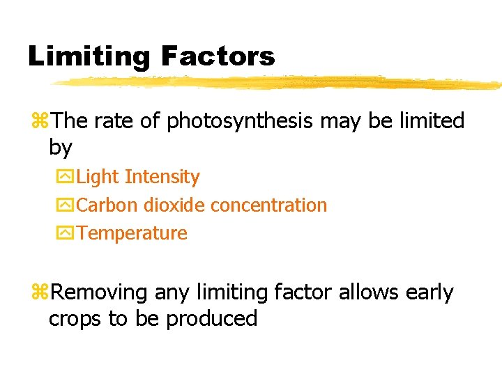 Limiting Factors z. The rate of photosynthesis may be limited by y. Light Intensity
