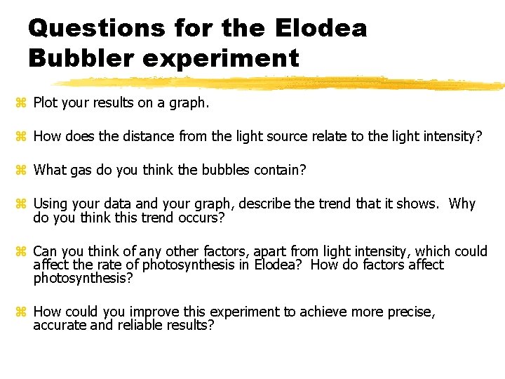 Questions for the Elodea Bubbler experiment z Plot your results on a graph. z