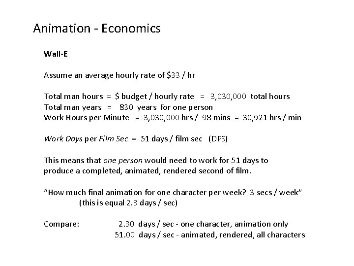 Animation - Economics Wall-E Assume an average hourly rate of $33 / hr Total
