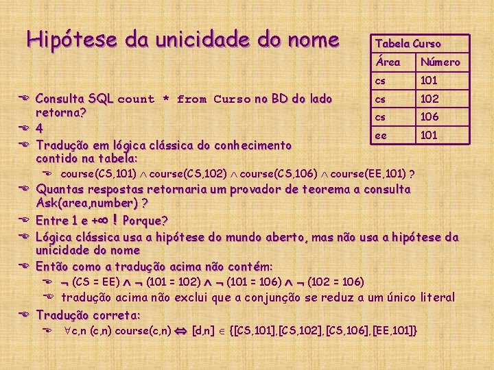 Hipótese da unicidade do nome E Consulta SQL count * from Curso no BD Hipótese da unicidade do nome E Consulta SQL count * from Curso no BD