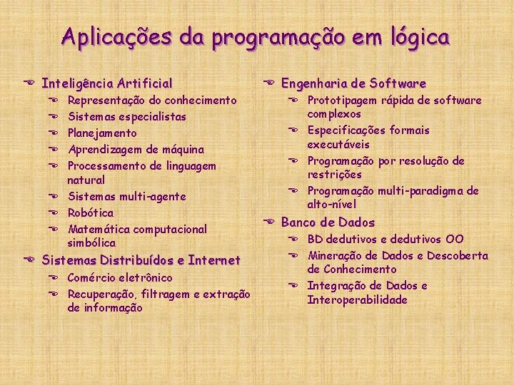 Aplicações da programação em lógica E Inteligência Artificial Representação do conhecimento Sistemas especialistas Planejamento Aplicações da programação em lógica E Inteligência Artificial Representação do conhecimento Sistemas especialistas Planejamento