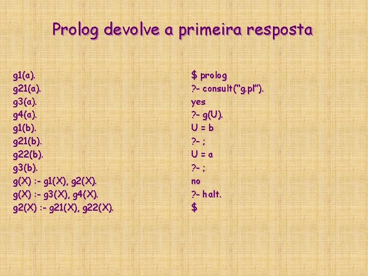Prolog devolve a primeira resposta g 1(a). g 21(a). g 3(a). g 4(a). g Prolog devolve a primeira resposta g 1(a). g 21(a). g 3(a). g 4(a). g