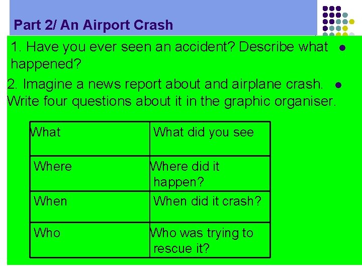 Part 2/ An Airport Crash 1. Have you ever seen an accident? Describe what