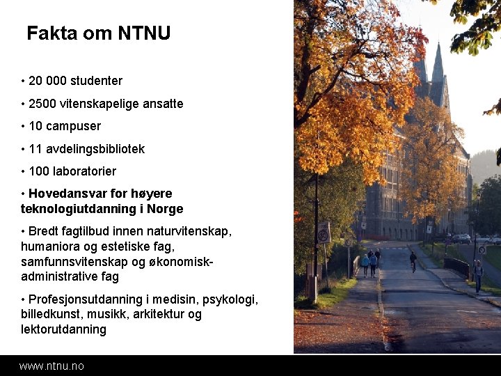 Fakta om NTNU • 20 000 studenter • 2500 vitenskapelige ansatte • 10 campuser Fakta om NTNU • 20 000 studenter • 2500 vitenskapelige ansatte • 10 campuser