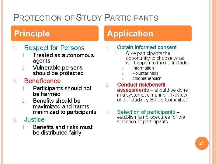 PROTECTION OF STUDY PARTICIPANTS Principle 1. Respect for Persons 1. 2. 2. 3. Participants