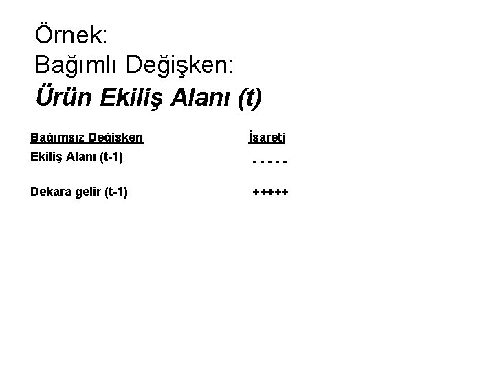 Örnek: Bağımlı Değişken: Ürün Ekiliş Alanı (t) Bağımsız Değişken İşareti Ekiliş Alanı (t-1) -----