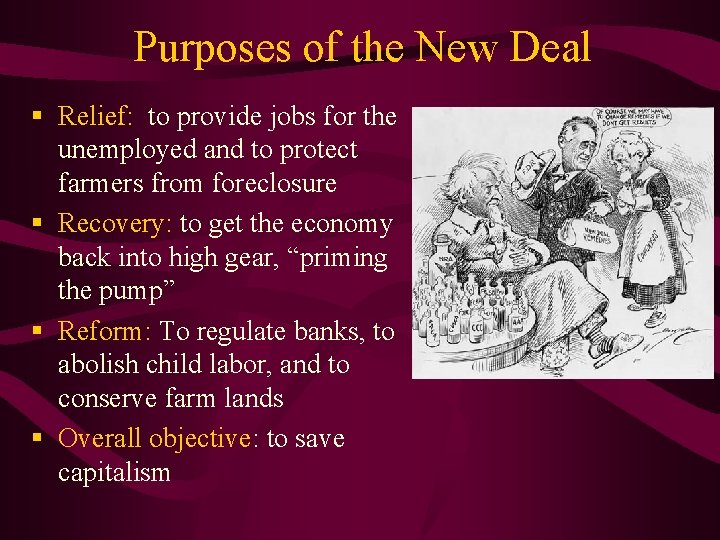 Purposes of the New Deal § Relief: to provide jobs for the unemployed and