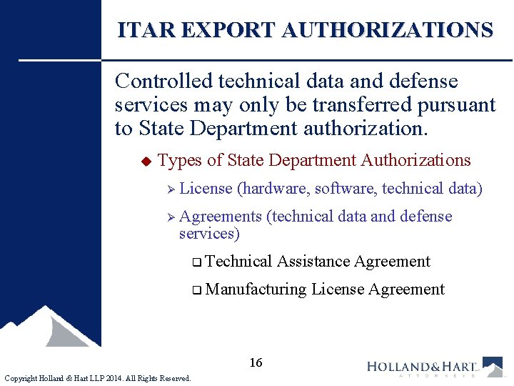 ITAR EXPORT AUTHORIZATIONS Controlled technical data and defense services may only be transferred pursuant