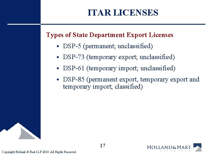 ITAR LICENSES Types of State Department Export Licenses § DSP-5 (permanent; unclassified) § DSP-73