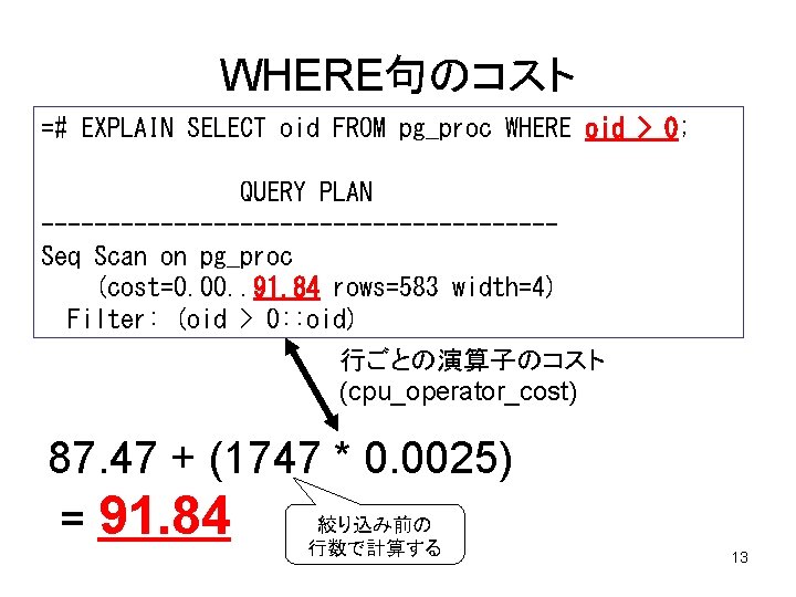 WHERE句のコスト =# EXPLAIN SELECT oid FROM pg_proc WHERE oid > 0; QUERY PLAN -------------------Seq