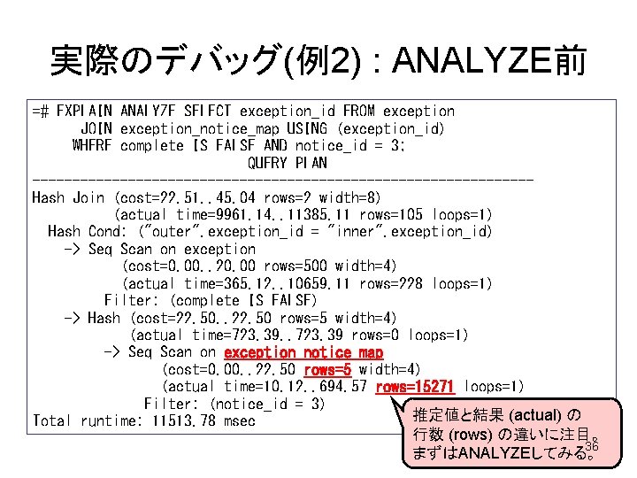 実際のデバッグ(例2) : ANALYZE前 =# EXPLAIN ANALYZE SELECT exception_id FROM exception JOIN exception_notice_map USING (exception_id)