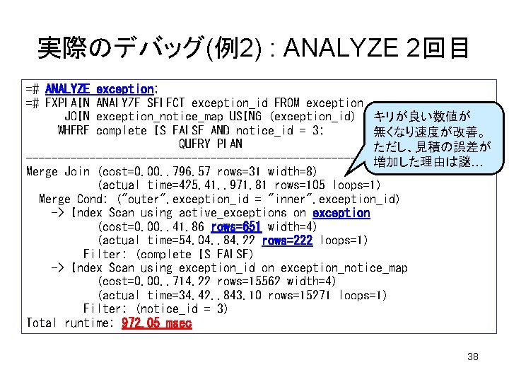 実際のデバッグ(例2) : ANALYZE 2回目 =# ANALYZE exception; =# EXPLAIN ANALYZE SELECT exception_id FROM exception