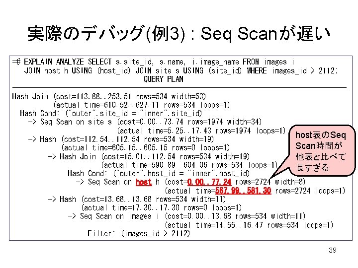 実際のデバッグ(例3) : Seq Scanが遅い =# EXPLAIN ANALYZE SELECT s. site_id, s. name, i. image_name