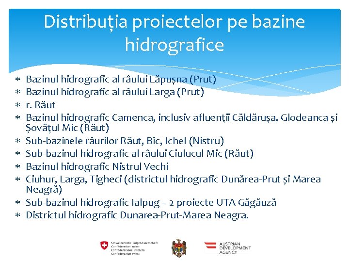 Distribuția proiectelor pe bazine hidrografice Bazinul hidrografic al râului Lăpușna (Prut) Bazinul hidrografic al
