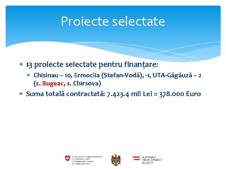 Proiecte selectate 13 proiecte selectate pentru finanțare: Chisinau – 10, Ermoclia (Stefan-Vodă), -1, UTA-Găgăuză