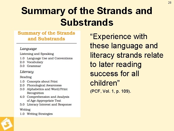 28 Summary of the Strands and Substrands “Experience with these language and literacy strands