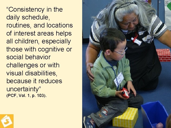 32 “Consistency in the daily schedule, routines, and locations of interest areas helps all